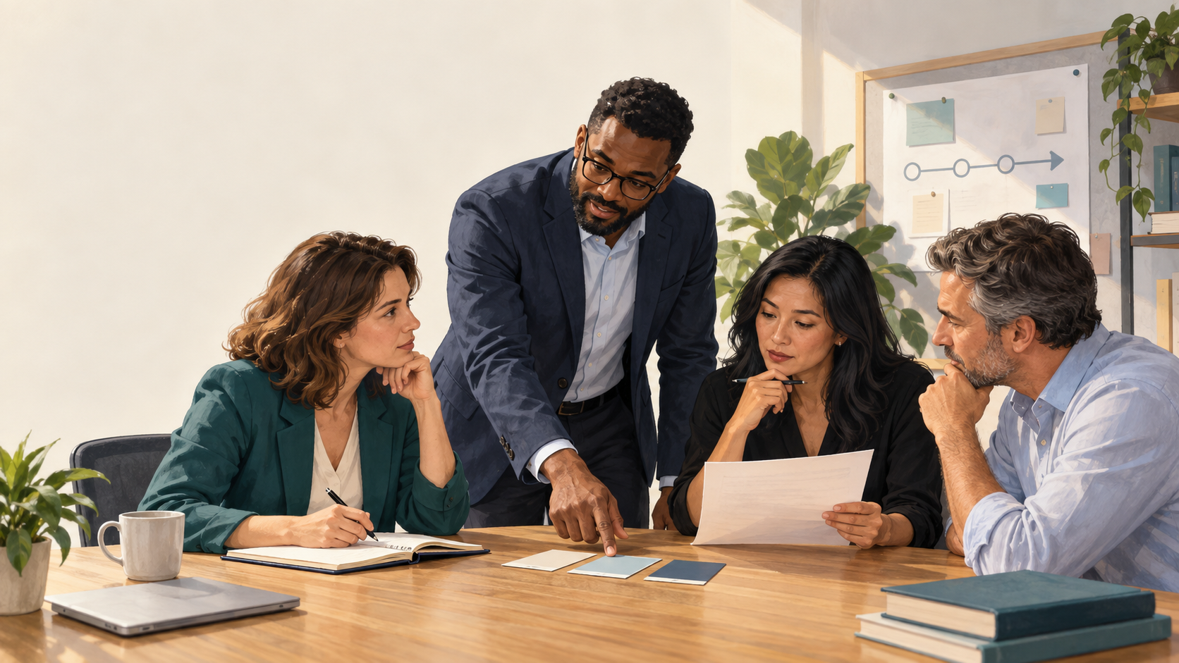 Conceptual illustration of a sourcing team working together around a commercial decision